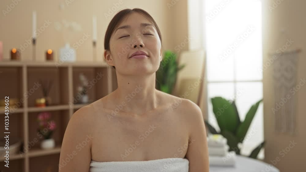 Woman relaxing at a spa center with peaceful expression in a wellness room, featuring a female in a beauty setting for indoor relaxation Woman relaxing at a spa center with peaceful expression in a wellness room, featuring a female in a beauty setting for indoor relaxation