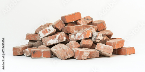 Pile of recycled red bricks on white background