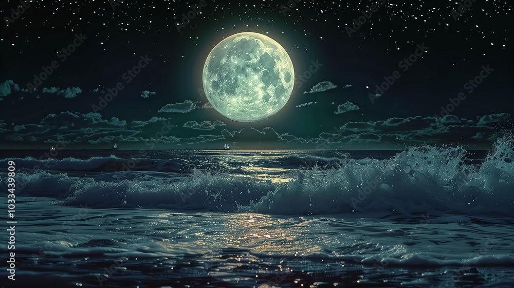 Full Moon rising over the ocean horizon – waves crashing ag… Full Moon rising over the ocean horizon – waves crashing ag…