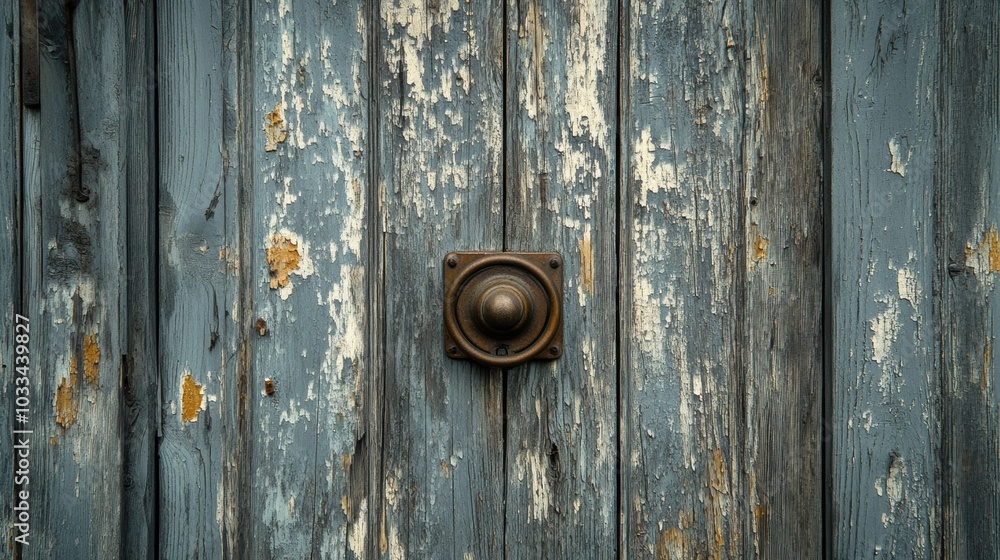 Rustic wooden door with peeling paint and an antique metal handle Rustic wooden door with peeling paint and an antique metal handle