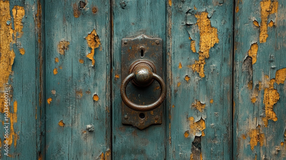 Rustic wooden door with peeling paint and an antique metal handle Rustic wooden door with peeling paint and an antique metal handle