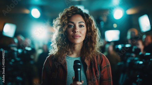 A poised journalist stands with a microphone amidst the glare of camera lights, embodying professionalism and determination at a press conference setting. photo