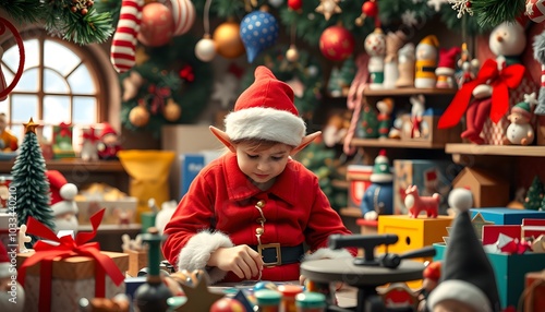 Christmas Elf Child in Santa Workshop Surrounded by Festive Toys and Decorations photo