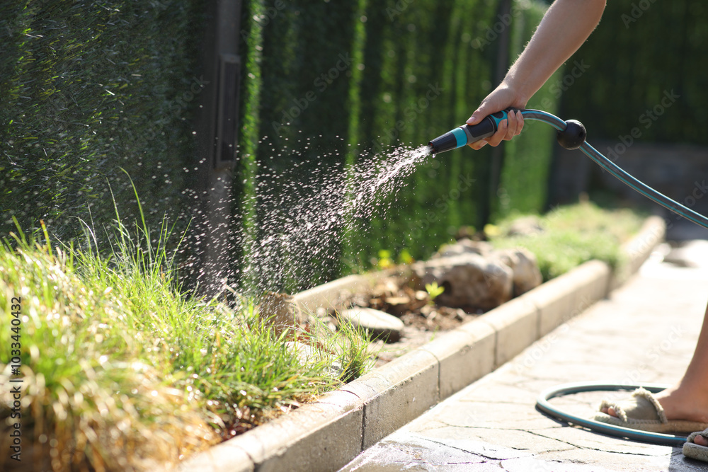 Naklejka premium Woman watering plants with water shortage in the garden