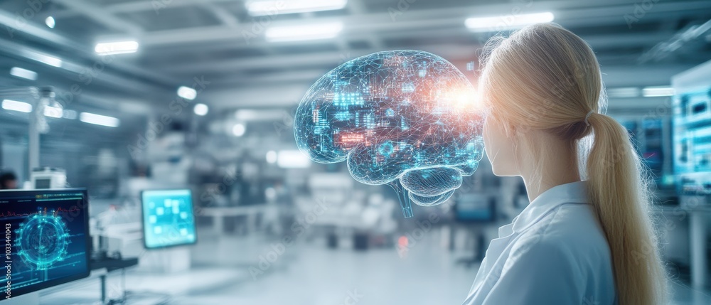 A female scientist analyzes digital brain imagery in a high-tech laboratory for advanced research and innovation in neuroscience. A female scientist analyzes digital brain imagery in a high-tech laboratory for advanced research and innovation in neuroscience.