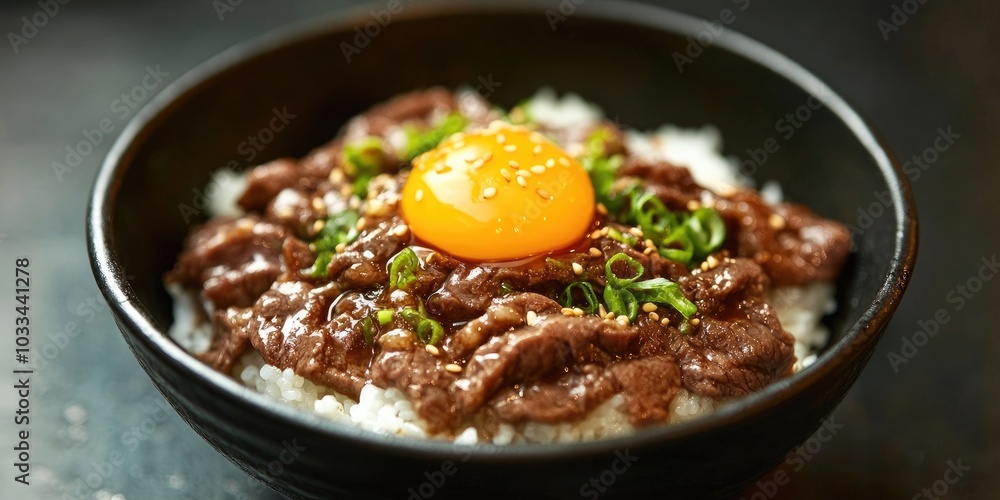 Japanese cuisine, Gyudon featuring beef on rice topped with a raw egg yolk. Japanese cuisine, Gyudon featuring beef on rice topped with a raw egg yolk.