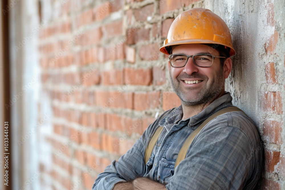 Construction worker, smiling man in hard hat, leaning against brick wall, construction site background, labor concept Construction worker, smiling man in hard hat, leaning against brick wall, construction site background, labor concept
