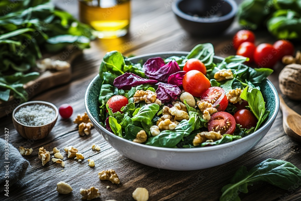 A colorful salad bowl filled with fresh vegetables and nuts on a rustic table bright natural light kitchen background. A colorful salad bowl filled with fresh vegetables and nuts on a rustic table bright natural light kitchen background.