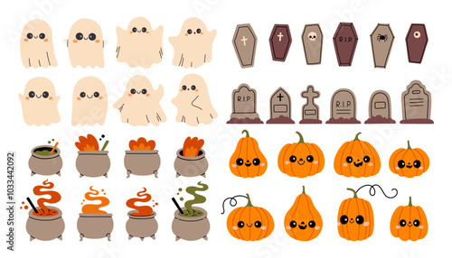 Halloween element set isolated. Ghost, pumpkin, cauldron, grave and coffin. For scrapbooking, card, sticker, poster