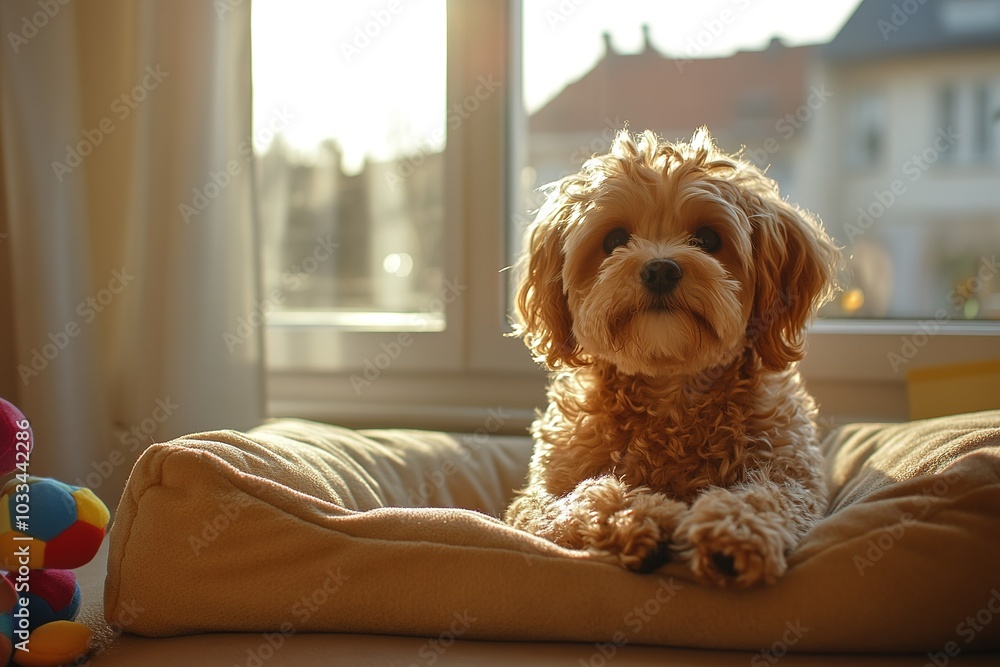 A cozy dog bed placed in a sunny corner with copyspace and toys nearby warm sunlight living room background. A cozy dog bed placed in a sunny corner with copyspace and toys nearby warm sunlight living room background.