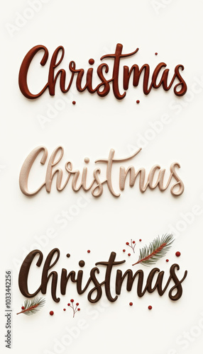 Whimsical Christmas typography in different styles and colors, symbolizing the holiday spirit on a white background