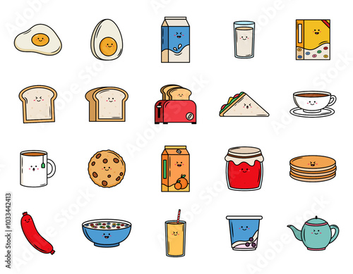 Breakfast Food Icon Set. Collection of Cute Breakfast Food Cartoon Elements