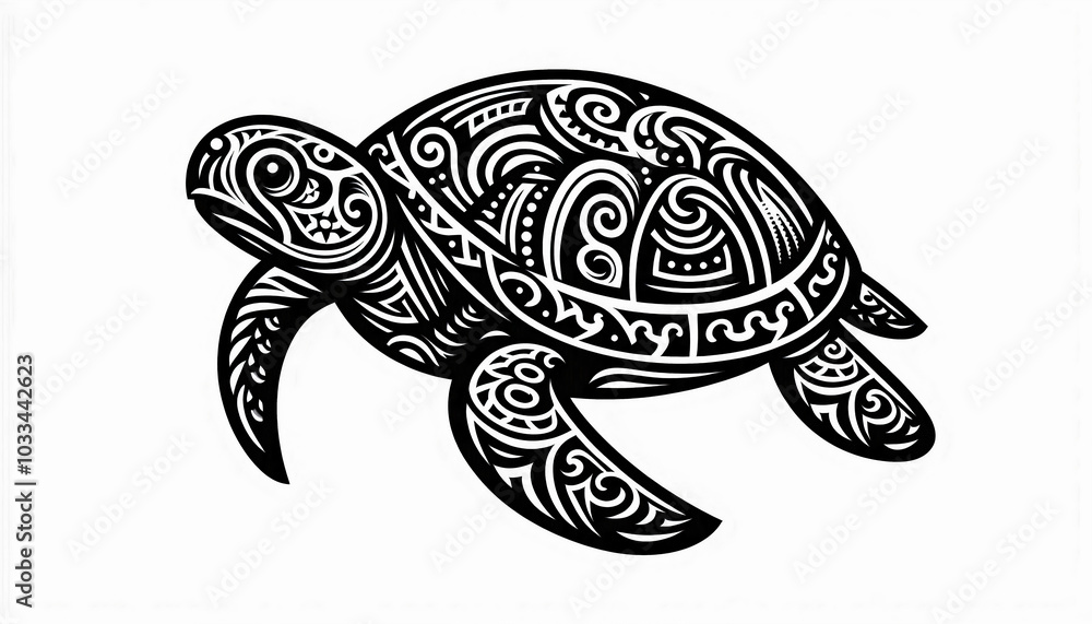 A black-and-white tribal design of a turtle, with intricate patterns and details highlighting traditional art A black-and-white tribal design of a turtle, with intricate patterns and details highlighting traditional art