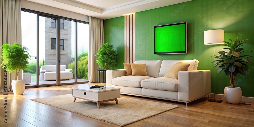 Modern Living Room with White Sofa and Chroma Green Screen Featuring Smartwatch Display, Ideal for Lifestyle, Technology, and Interior Design Photography Modern Living Room with White Sofa and Chroma Green Screen Featuring Smartwatch Display, Ideal for Lifestyle, Technology, and Interior Design Photography