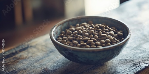 Bowl of dry cat kibble on a wooden table, with a selective focus and a toned image.