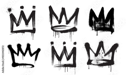 Big set of realistic spray painted graffiti crown sign in black over white. Collection of Crown drip symbol. Brush drawn grunge rough. Vector Grunge bold crown with spray texture. Street art style.
