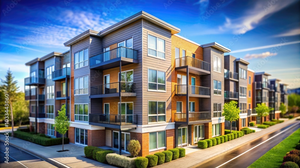 Modern Multifamily Building Exterior with Hardie Plank Siding in Tilt-Shift Photography Style for Architectural Visualization and Real Estate Marketing Modern Multifamily Building Exterior with Hardie Plank Siding in Tilt-Shift Photography Style for Architectural Visualization and Real Estate Marketing