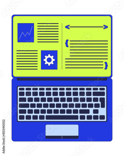Open laptop screen with programming software 2D cartoon object. Gear chart brackets. Notebook display with coding text isolated element flat vector clipart on white background. Spot illustration