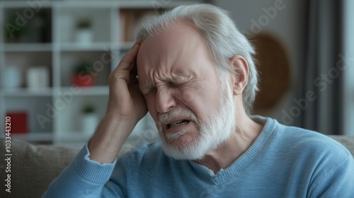 Elderly man experiencing severe headache, distressed expression, indoor setting