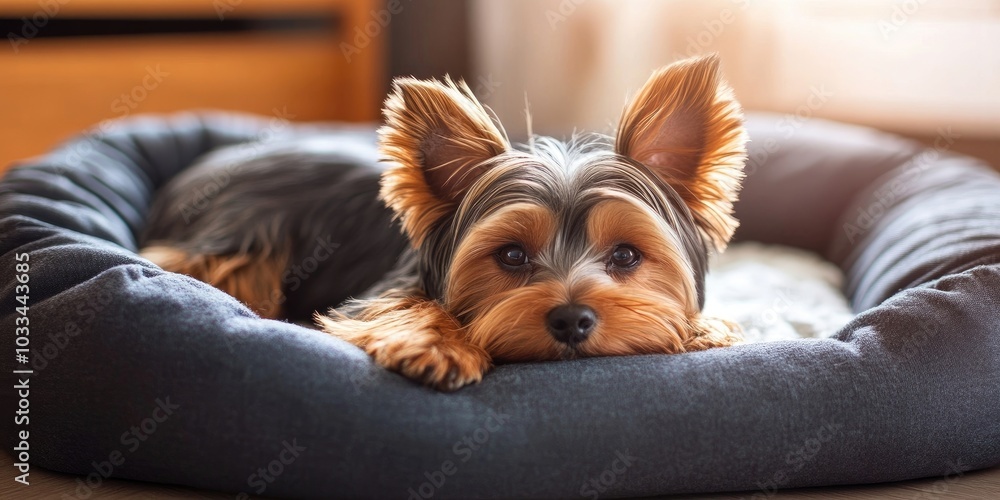 Cute, playful Yorkshire terrier puppy resting on a dog bed. Small, adorable dog with amusing ears lounging on a pet bed. Domestic animals. Cute, playful Yorkshire terrier puppy resting on a dog bed. Small, adorable dog with amusing ears lounging on a pet bed. Domestic animals.
