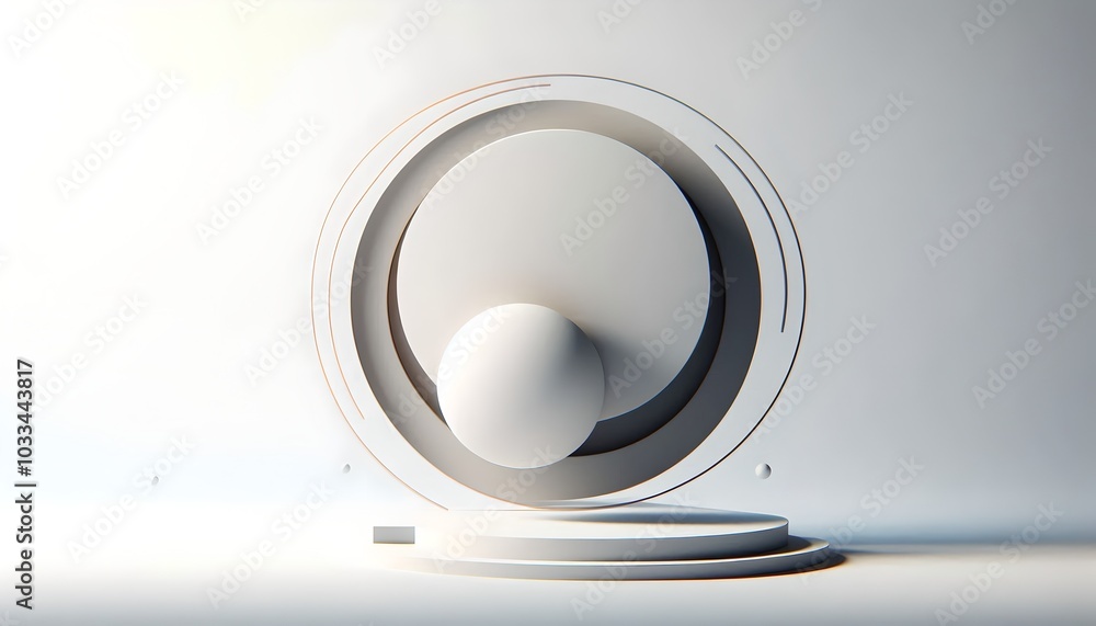 Minimalist 3D Scene with White Podium, Sphere, and Circular Frame, render Minimalist 3D Scene with White Podium, Sphere, and Circular Frame, render