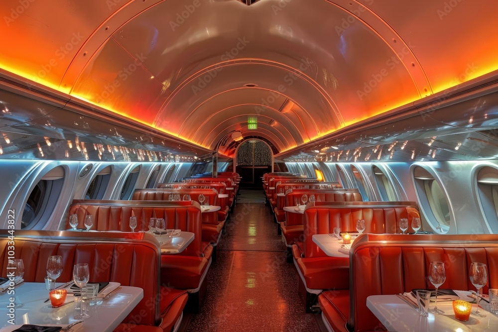 Obraz premium Empty interior of a luxurious restaurant designed inside the cabin of an airplane