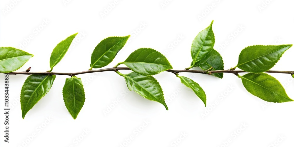 Close-up view of a leafy branch with fresh green tea leaves isolated on a white background. These were just picked from an organic tea garden at home. Food concept with clipping path and copyspace. Close-up view of a leafy branch with fresh green tea leaves isolated on a white background. These were just picked from an organic tea garden at home. Food concept with clipping path and copyspace.