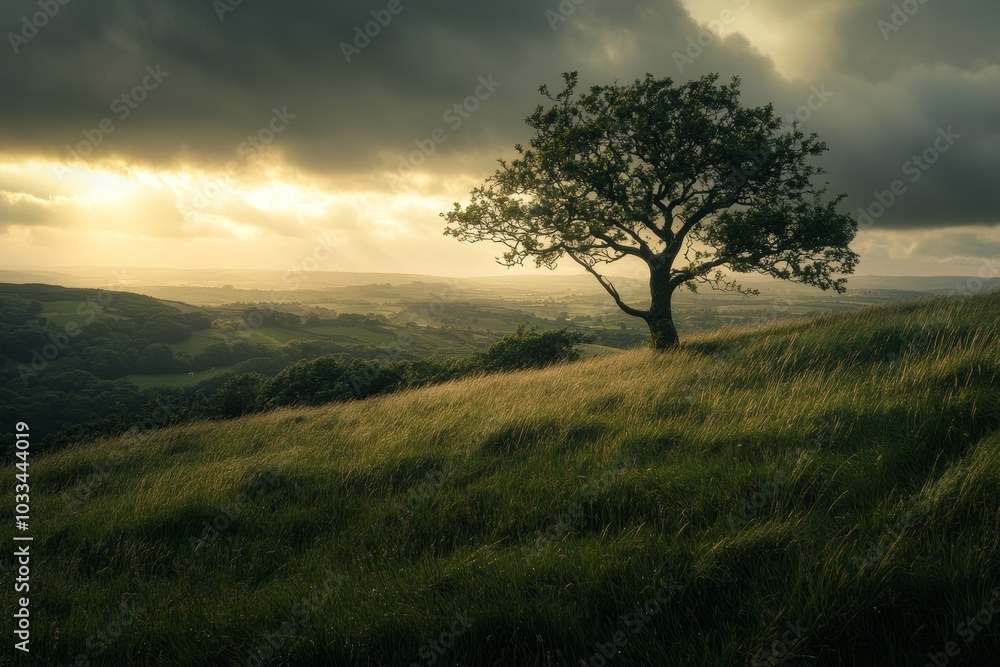 A lone tree stands on a grassy hilltop, silhouetted against a dramatic sunset sky. A lone tree stands on a grassy hilltop, silhouetted against a dramatic sunset sky.