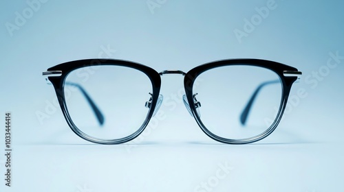 Black framed eyeglasses with clear lenses on a blue background.