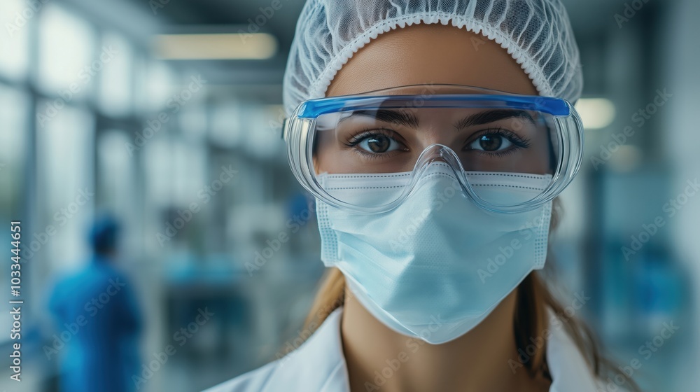 Healthcare professional wearing protective gear, focused expression, medical environment Healthcare professional wearing protective gear, focused expression, medical environment