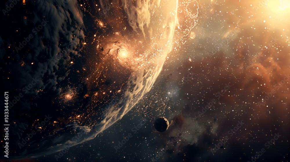 A vibrant planet in space surrounded by the sun and a swirling galaxy. A vibrant planet in space surrounded by the sun and a swirling galaxy.