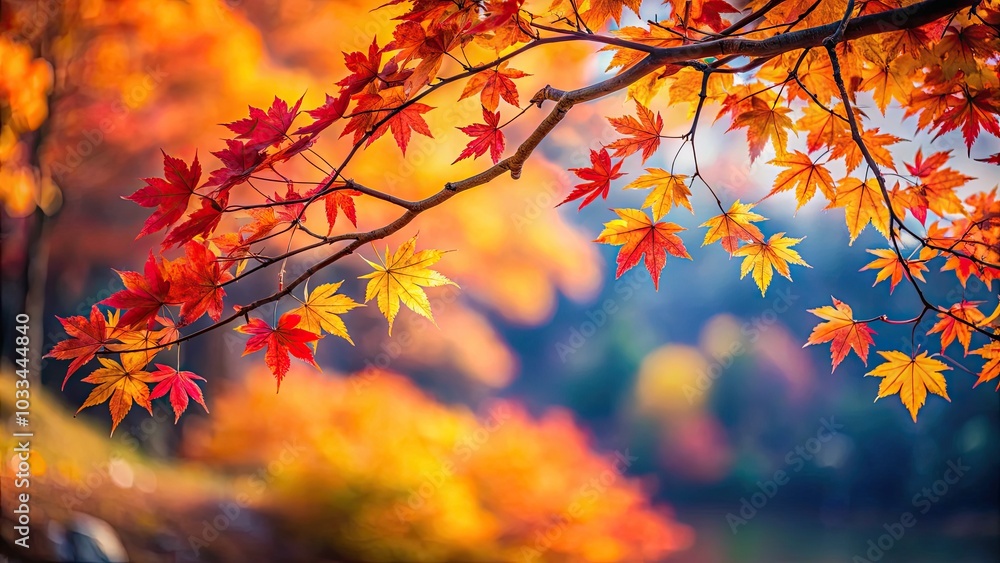 Panoramic View of Autumn Maple Leaves - Vibrant Foliage, Selective Focus on Branch, Fall Colors, Nature Photography, Scenic Landscape, Seasonal Beauty, Outdoor Serenity, Leafy Canopy Panoramic View of Autumn Maple Leaves - Vibrant Foliage, Selective Focus on Branch, Fall Colors, Nature Photography, Scenic Landscape, Seasonal Beauty, Outdoor Serenity, Leafy Canopy