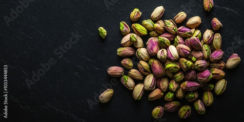 A pile of pistachios in their shells isolated on a black background with copyspace. Top view of raw food ingredients.