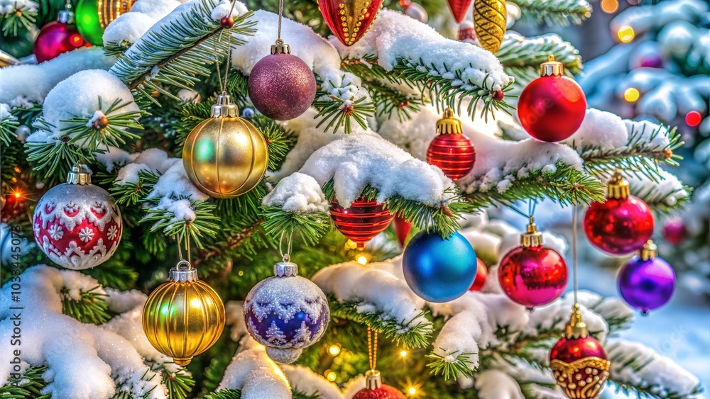 Festive Christmas Tree with Snow-Dusted Branches and Colorful Ornaments for Wintry Holiday Atmosphere Festive Christmas Tree with Snow-Dusted Branches and Colorful Ornaments for Wintry Holiday Atmosphere