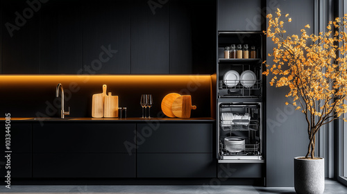 A sleek, minimalistic dark gray kitchen interior with an open dishwasher in the center. The clean, integrated design blends seamlessly with the cabinetry, showcasing stainless stee photo