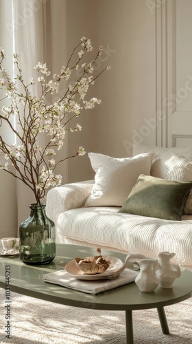 Creative composition of spring living room interior with boucle sofa, stylish coffee table, green stand, glass vase with flowering branches and personal accessories. Home decor, Generative AI