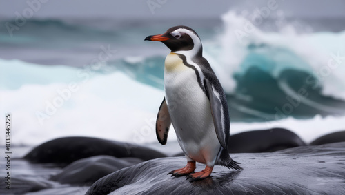 Penguin standing on a rock by the sea