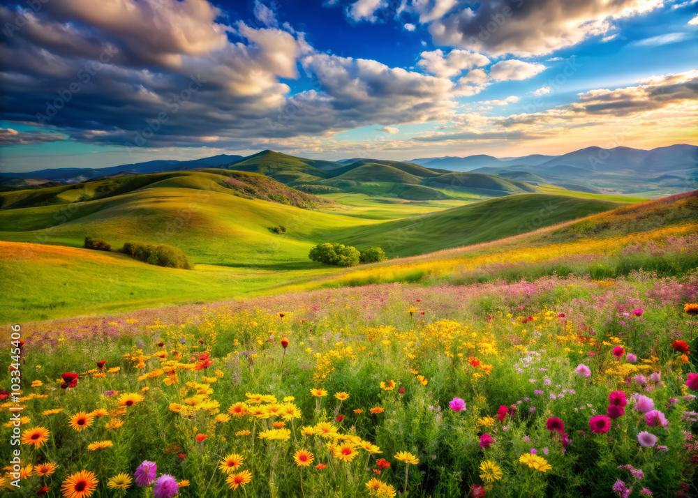 vibrant landscape showcases rolling hills of green, adorned with colorful wildflowers under dramatic sky. scene evokes sense of tranquility and natural beauty vibrant landscape showcases rolling hills of green, adorned with colorful wildflowers under dramatic sky. scene evokes sense of tranquility and natural beauty