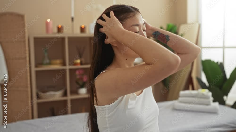 Young woman combs her hair with her hands inside a peaceful spa room in china showcasing wellness and beauty in an asian aesthetic setting Young woman combs her hair with her hands inside a peaceful spa room in china showcasing wellness and beauty in an asian aesthetic setting