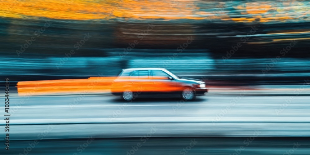 Obraz premium A car traveling on a road, blurred by its rapid movement.