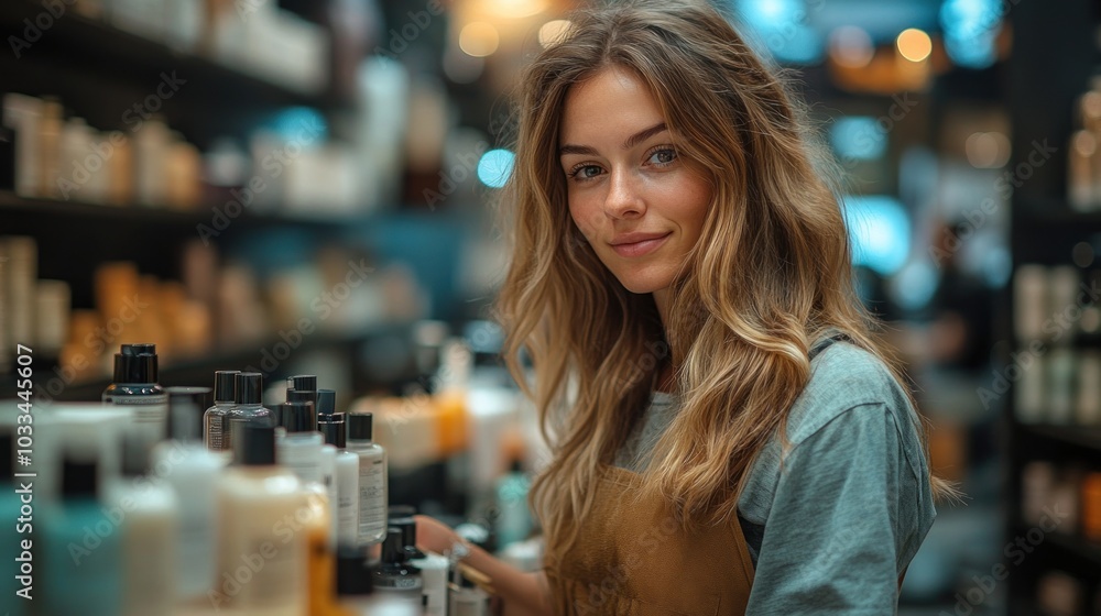A young woman with long blonde hair stands behind a counter in a store, smiling and looking at the camera. There are shelves full of products behind her. A young woman with long blonde hair stands behind a counter in a store, smiling and looking at the camera. There are shelves full of products behind her.