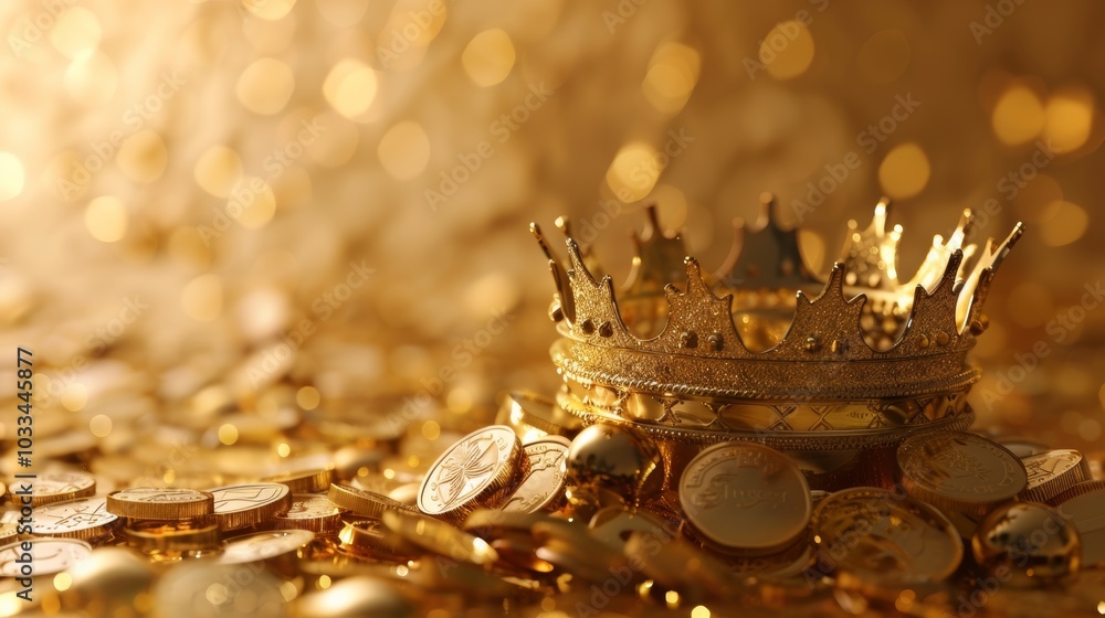Gold royal king crown on golden background with emperor treasure. 3D rendering Gold royal king crown on golden background with emperor treasure. 3D rendering