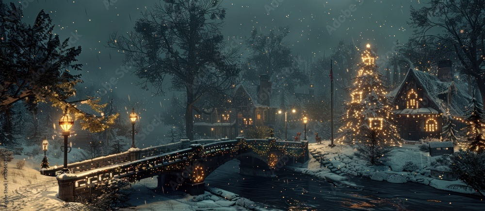 Fototapeta premium Enchanting snowy winter night in a traditional Christmas town with an illuminated bridge over a frozen river glowing lights adorning the trees and buildings