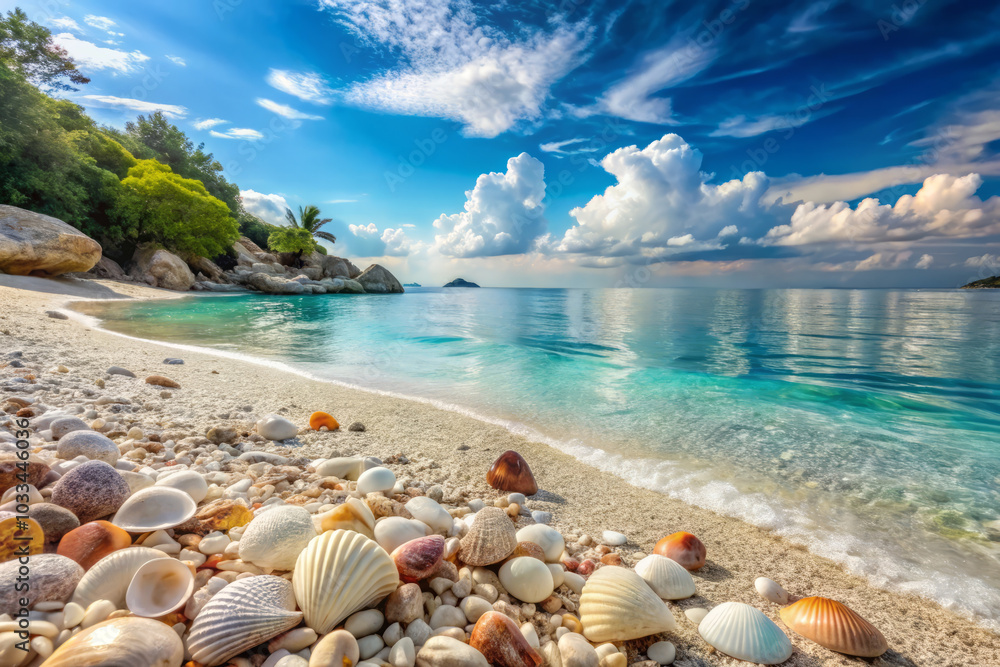 serene coastal scene featuring remote beach adorned with colorful seashells and calm turquoise waters. tranquil atmosphere invites relaxation and reflection serene coastal scene featuring remote beach adorned with colorful seashells and calm turquoise waters. tranquil atmosphere invites relaxation and reflection