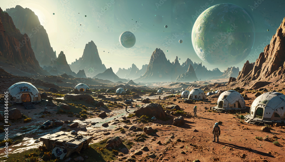 Obraz premium Colonies humaines sur une planète extraterrestre