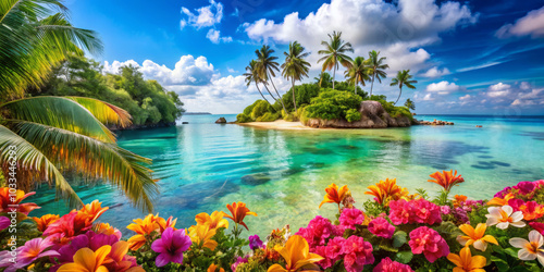 serene tropical paradise featuring secluded island surrounded by crystal clear waters and vibrant flowers. lush palm trees and colorful blooms create tranquil atmosphere