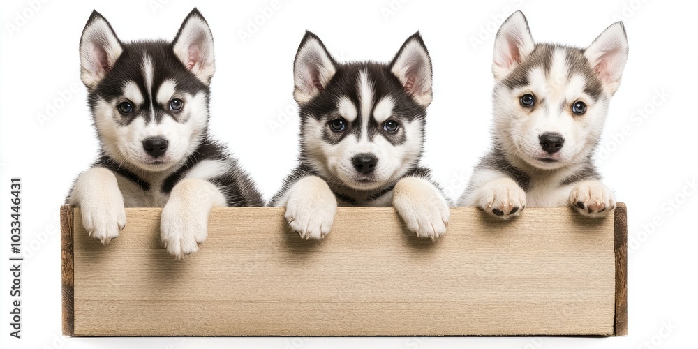 Obraz premium Three Siberian Husky puppies in a storage box against a white background, isolated.