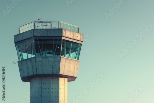 Airport control tower is illuminated by golden light against a clear evening sky