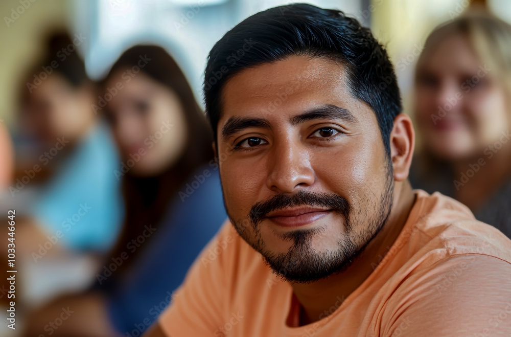 A close-up portrait of an adult male Hispanic individual in the foreground. A close-up portrait of an adult male Hispanic individual in the foreground.