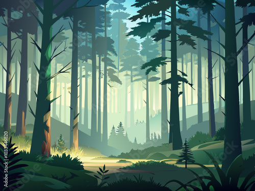 fog in the forest ,Forest landscape with coniferous trees and fog. Vector illustration.
